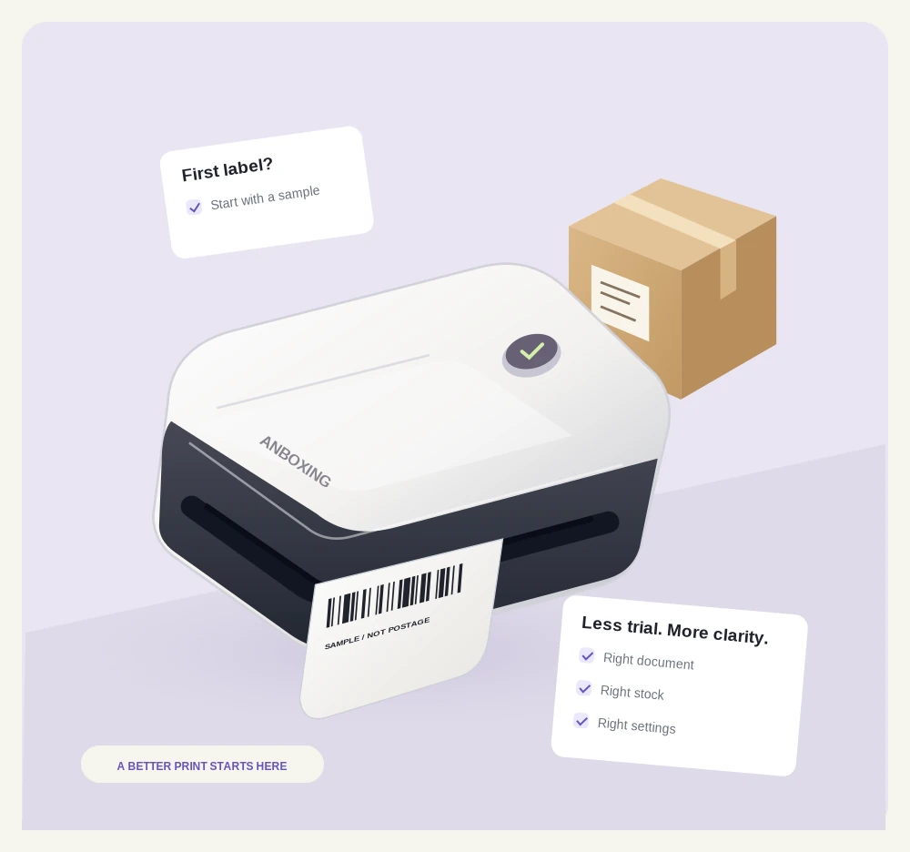Illustration of a desktop thermal label printer, shipping label, and parcel