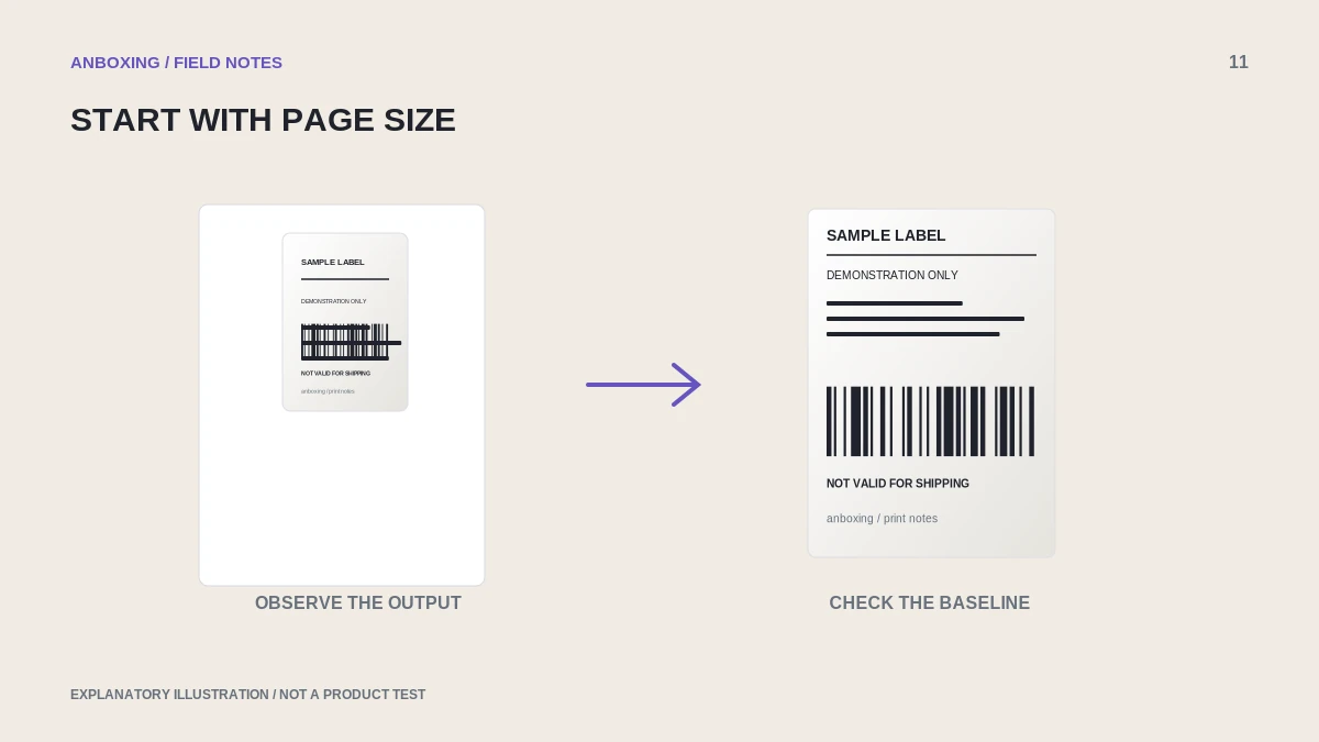 Illustration contrasting a small label on an office page with a label-sized document