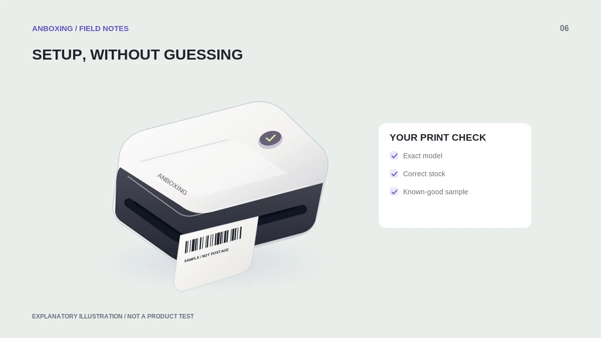 Illustration of a computer print dialog and a thermal label printer