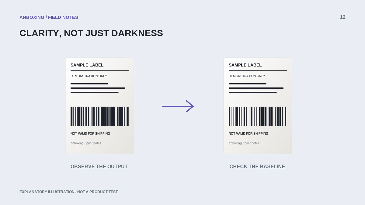 Explanatory illustration for thermal labels printing too dark: adjust without losing detail