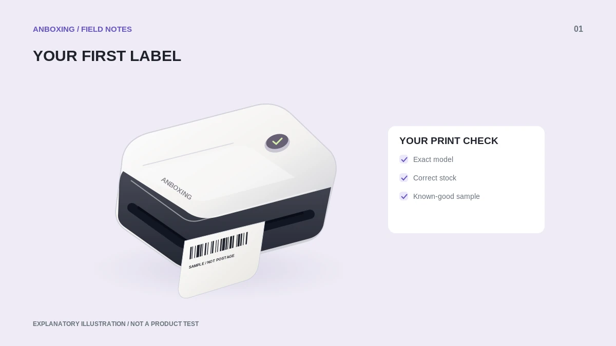 Illustration of a desktop thermal label printer, label stock, and a first-print checklist