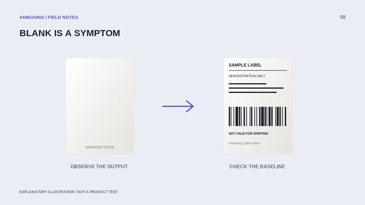 Illustration contrasting a blank label with a printed non-postage test label